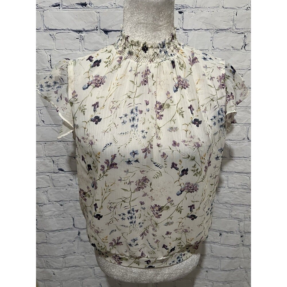 Express Women’s Ruffle Floral Print Blouse Short Sleeve Size Medium